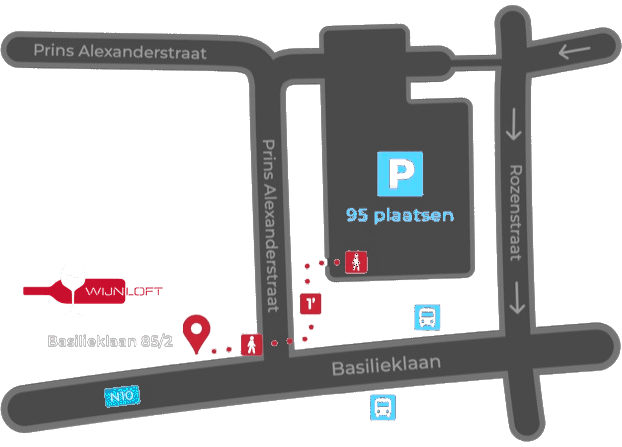 Plan: parking met 95 plaatsen via de Prins Alexanderstraat, op 1 minuut wandelen van De Wijnloft, Basilieklaan 85/2